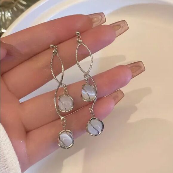 Boho-Elegant Long Tassel Opal Design Earrings Stainless Steel Drop Fashion Look - Picture 14 of 15